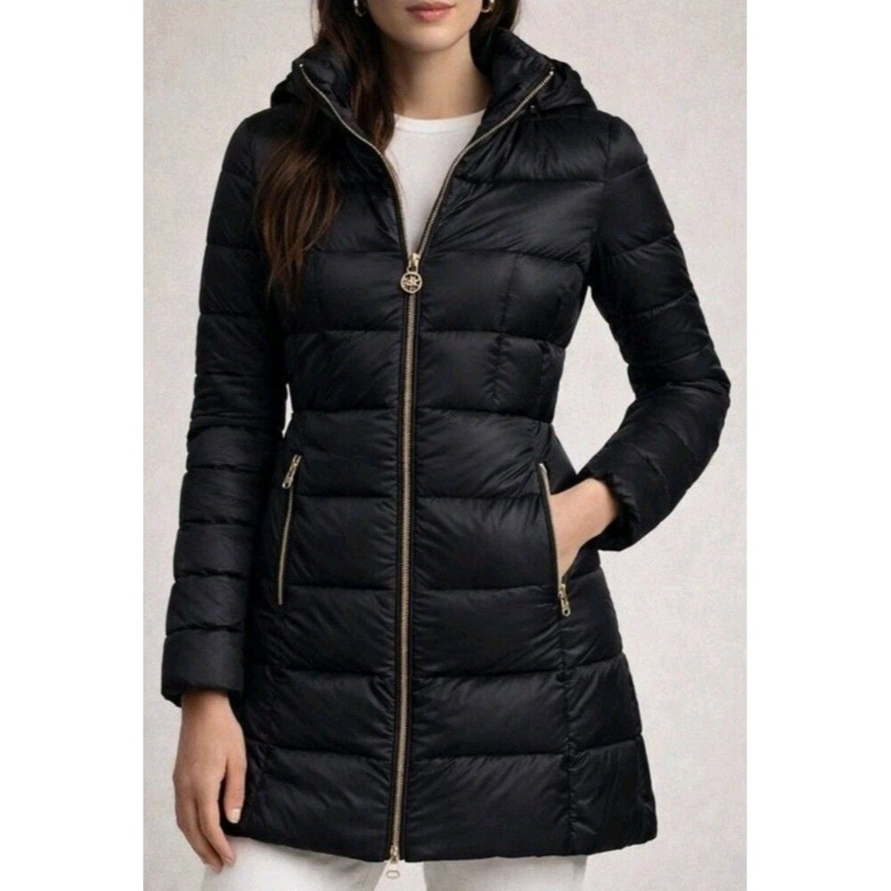 Michael Kors Black Packable Hooded Down Puffer Long Coat Gold Hardware Plus XXL